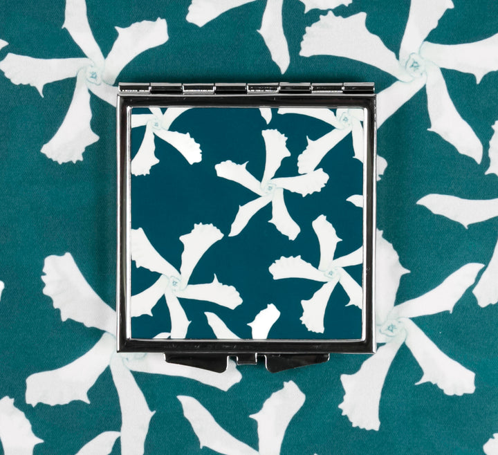 Teal Jasmine Flower Compact Folding Mirror