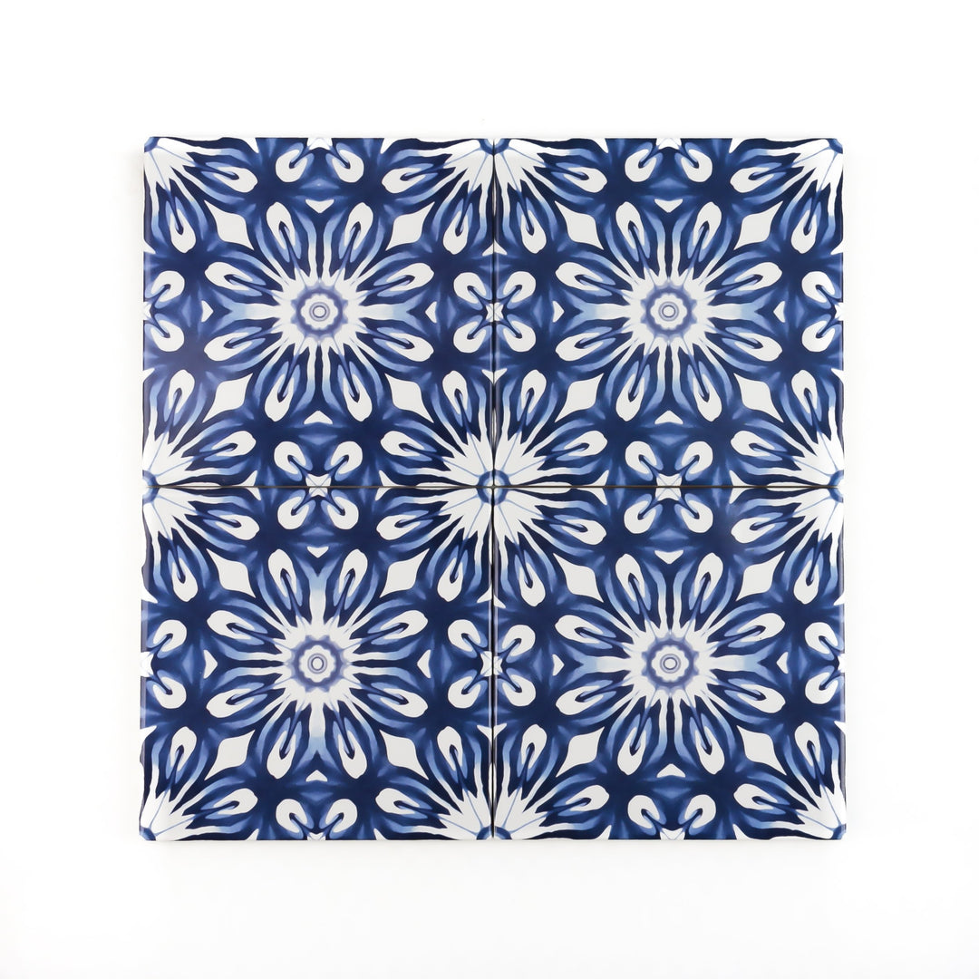 Dutch Delft style tiles - navy blue and white flower tile -  FIRED INK Version