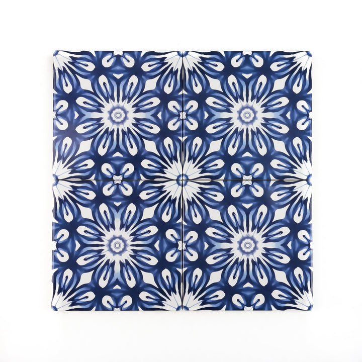 Dutch Delft style tiles - navy blue and white flower tile -  FIRED INK Version