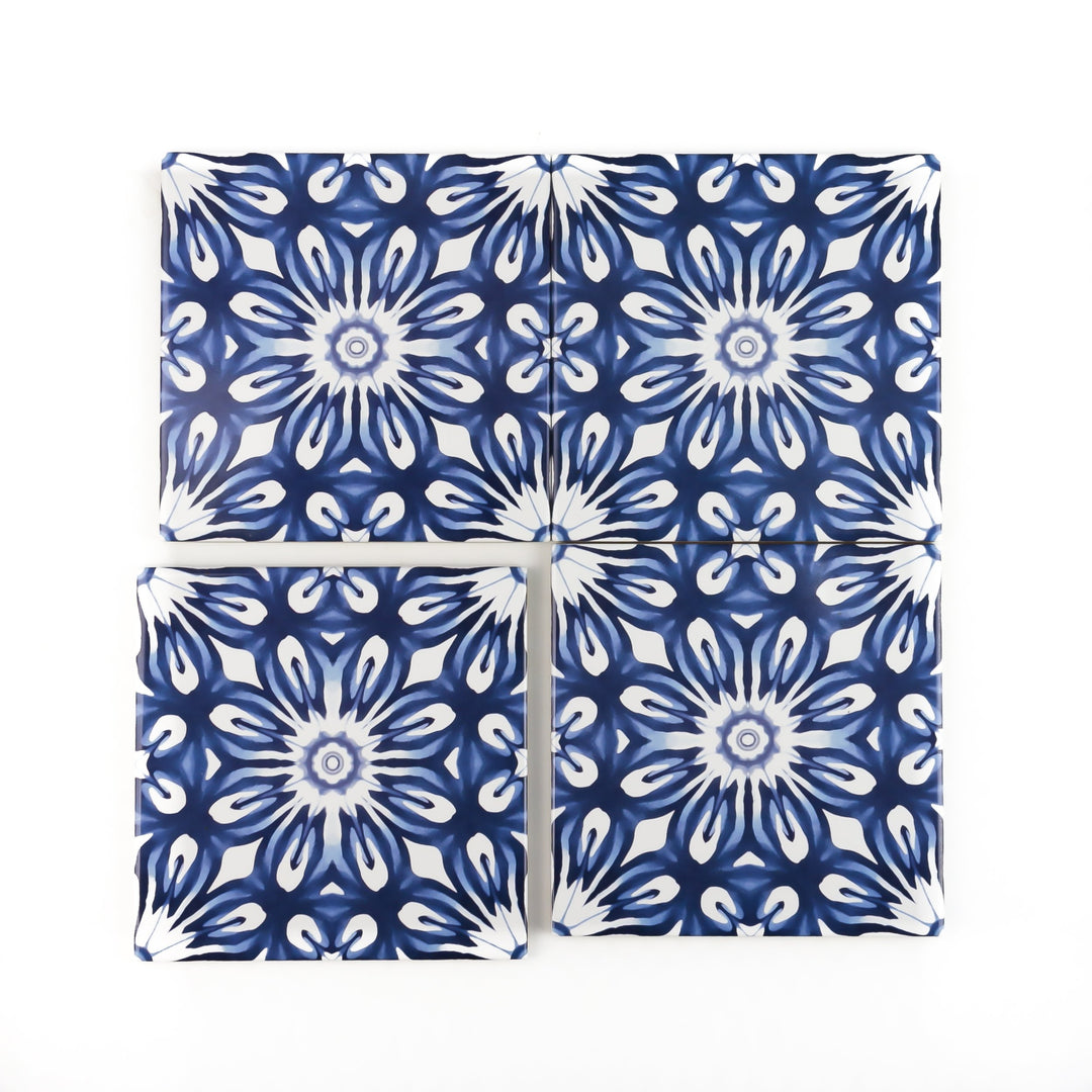 Dutch Delft style tiles - navy blue and white flower tile -  FIRED INK Version