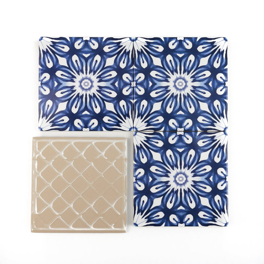 Dutch Delft style tiles - navy blue and white flower tile -  FIRED INK Version