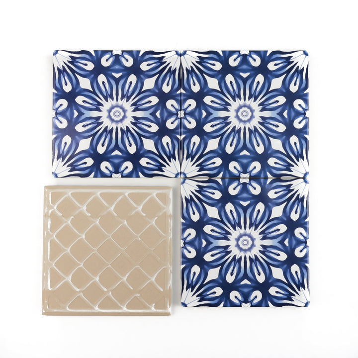 Dutch Delft style tiles - navy blue and white flower tile -  FIRED INK Version