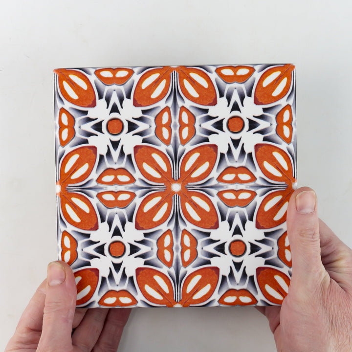 SALE SET of NINE  20x20cm Orange Fox Flower tiles -  FIRED INK Version