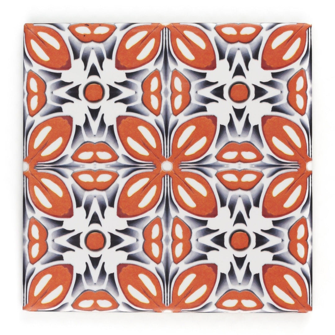 SALE SET of NINE  20x20cm Orange Fox Flower tiles -  FIRED INK Version