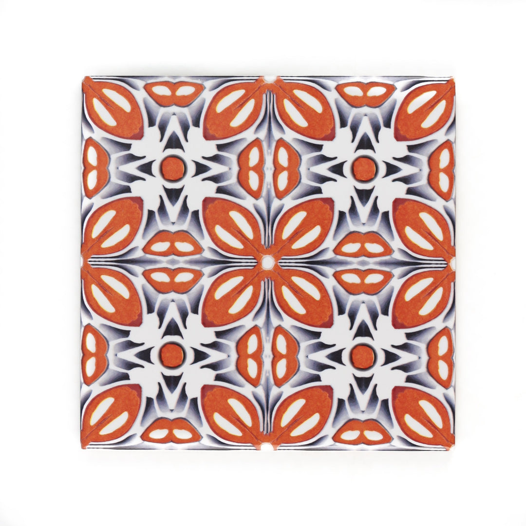 SALE SET of NINE  20x20cm Orange Fox Flower tiles -  FIRED INK Version