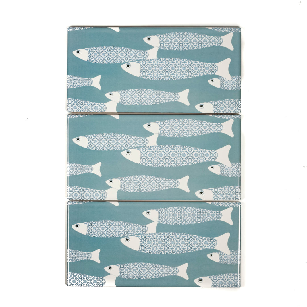 Grey Blue Ocean Shoal tiles - 20x10cm -  FIRED INK Version