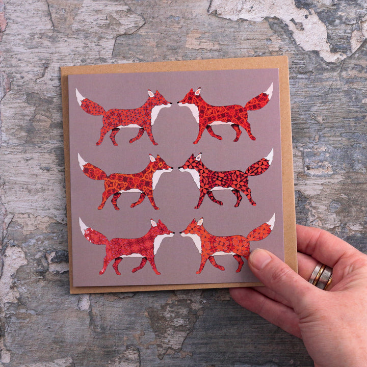 Six Red Foxes Card - Taupe/Grey