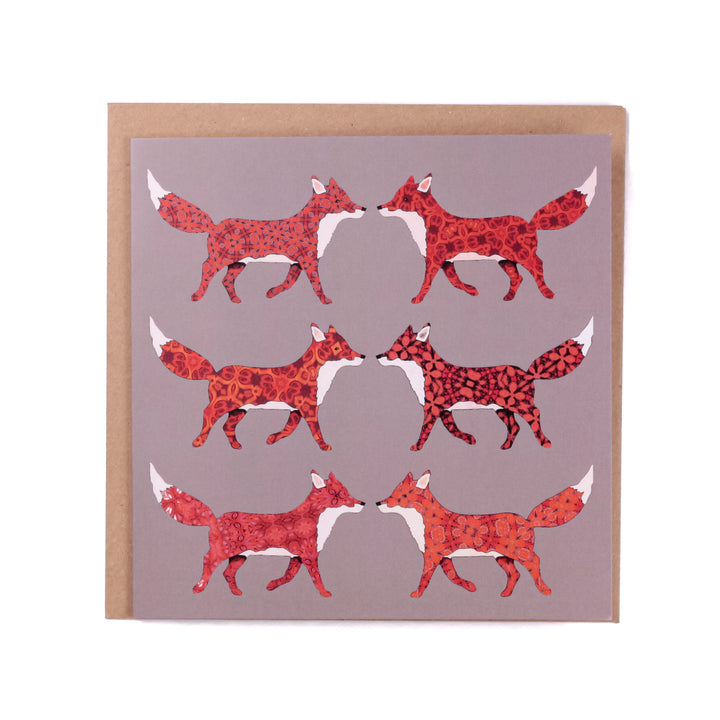 Six Red Foxes Card - Taupe/Grey