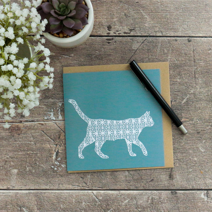 SALE White Cat on Blue/Grey Card