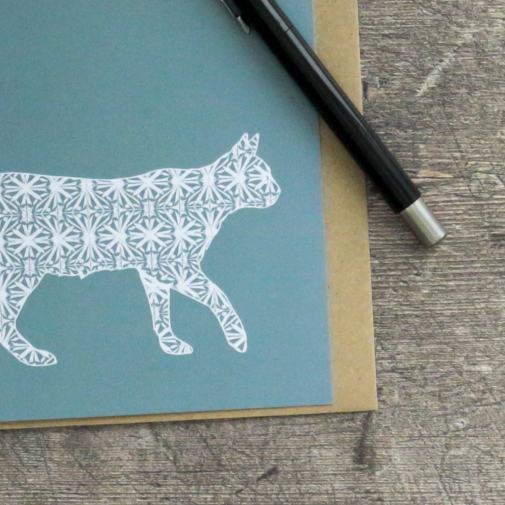 Blue linocut cat card