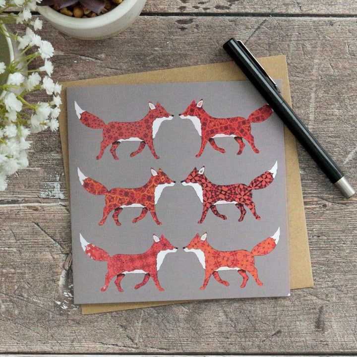 Six Red Foxes Card - Taupe/Grey