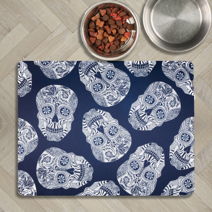 Blue White Illustrated Skulls Large Pet Food Mat