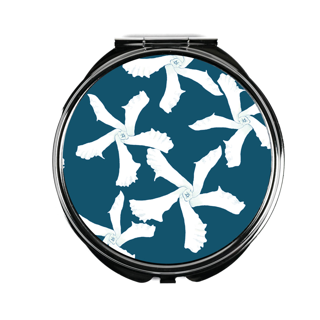 Teal Jasmine Flower Compact Folding Mirror