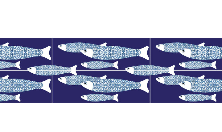Navy blue ocean shoal 30x10 - top and bottom half fish removed