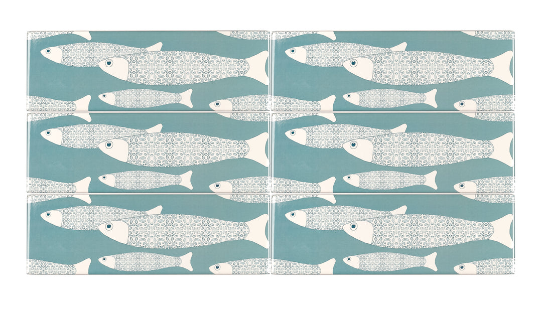 Grey Blue Ocean Shoal tiles - 30x10cm -  FIRED INK Version