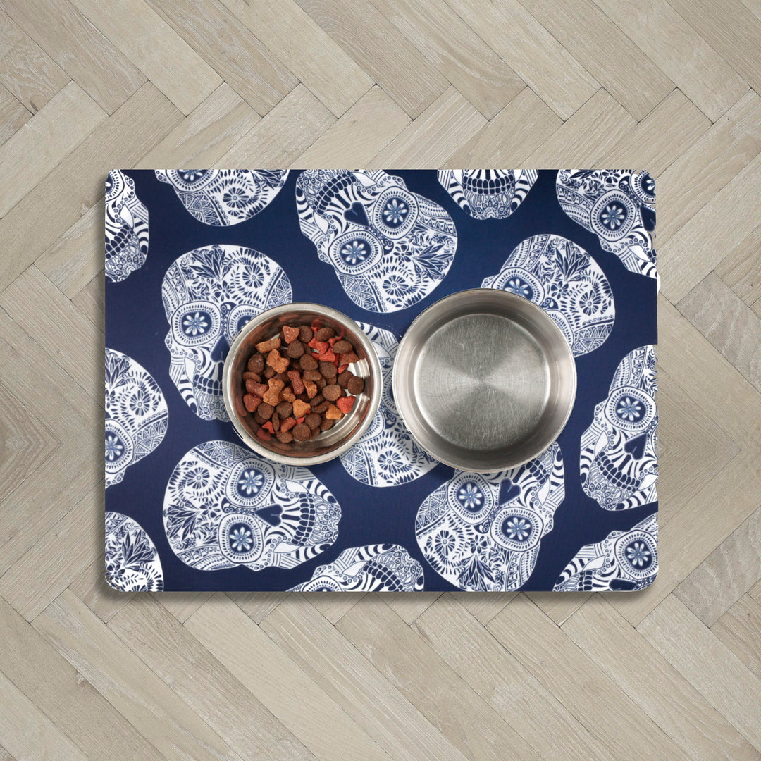 Blue White Illustrated Skulls Large Pet Food Mat