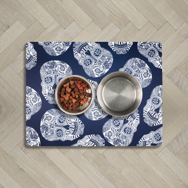 Blue White Illustrated Skulls Large Pet Food Mat