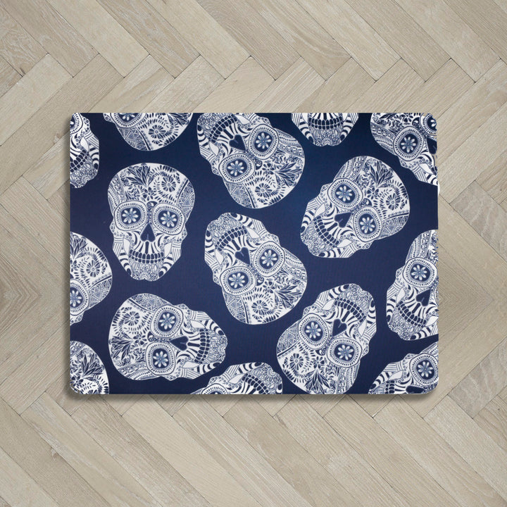 Blue White Illustrated Skulls Large Pet Food Mat