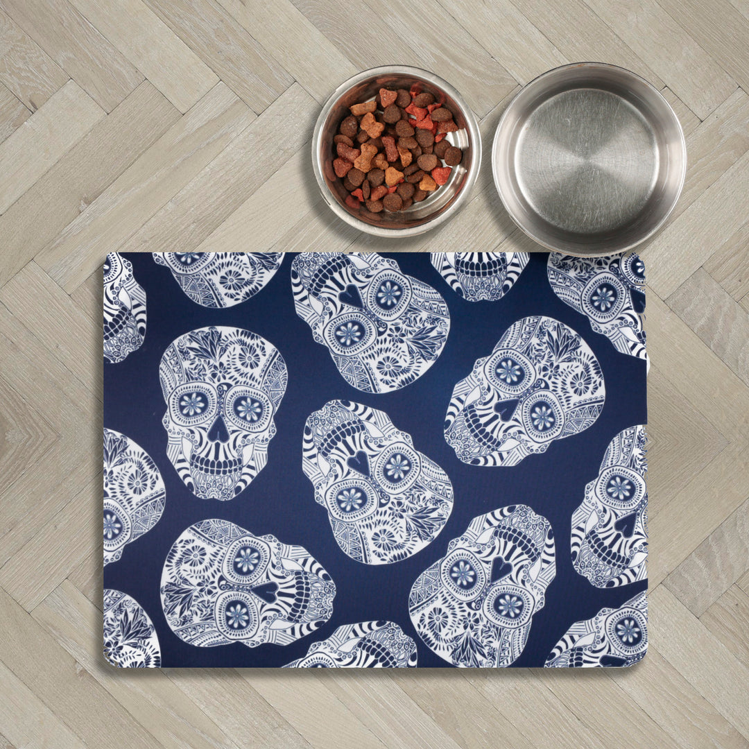 Blue White Illustrated Skulls Large Pet Food Mat