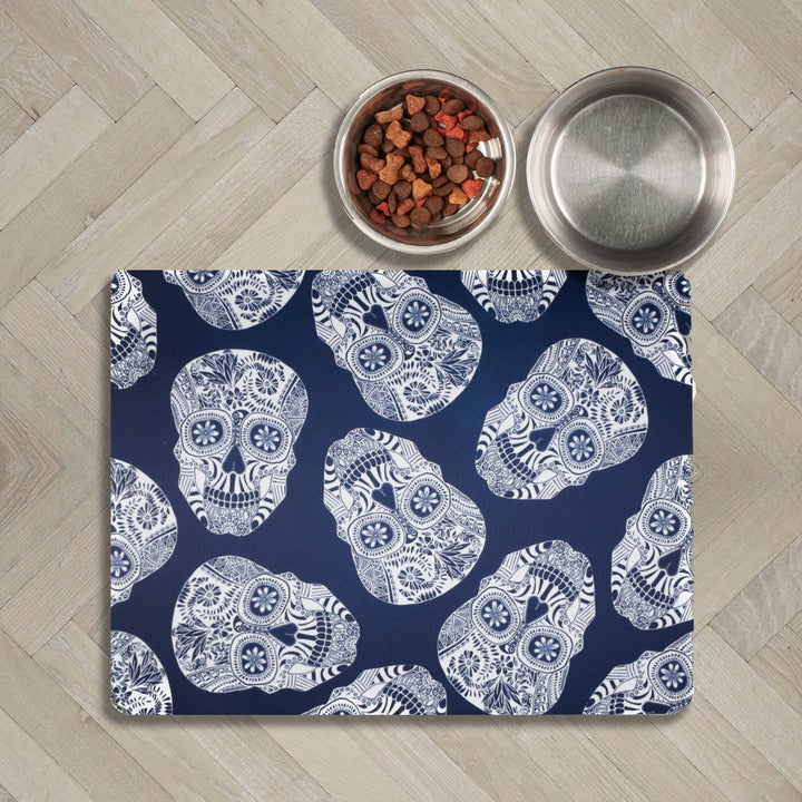 Blue White Illustrated Skulls Large Pet Food Mat