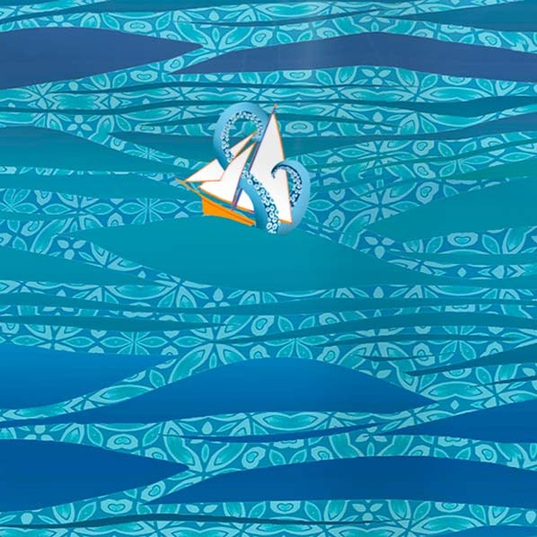Caribbean Sea Kitchen Splashback - Boats & Sea Monster Version
