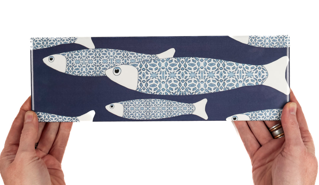 Navy Blue Ocean Shoal tiles - 30x10cm -  FIRED INK Version