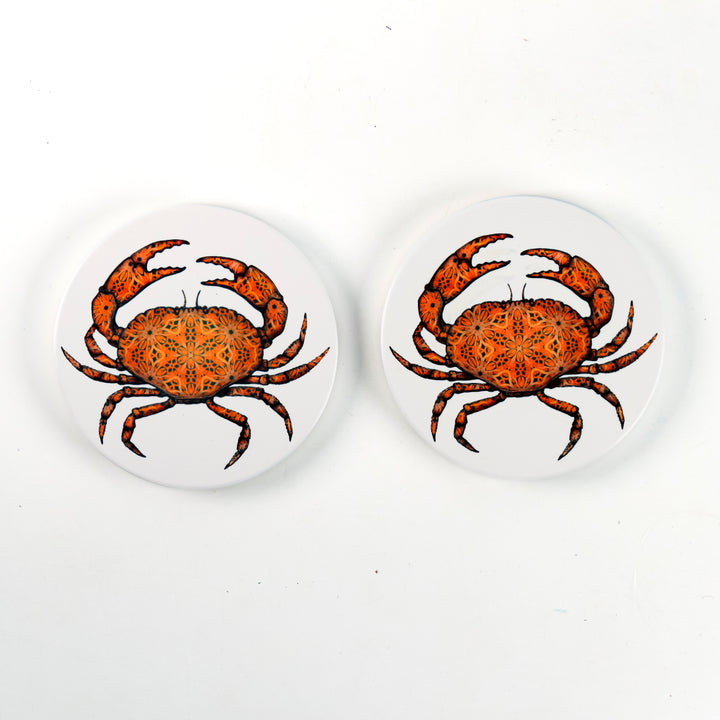 SALE : Set of 2x Crab on White Ceramic Coasters- Cork Backed