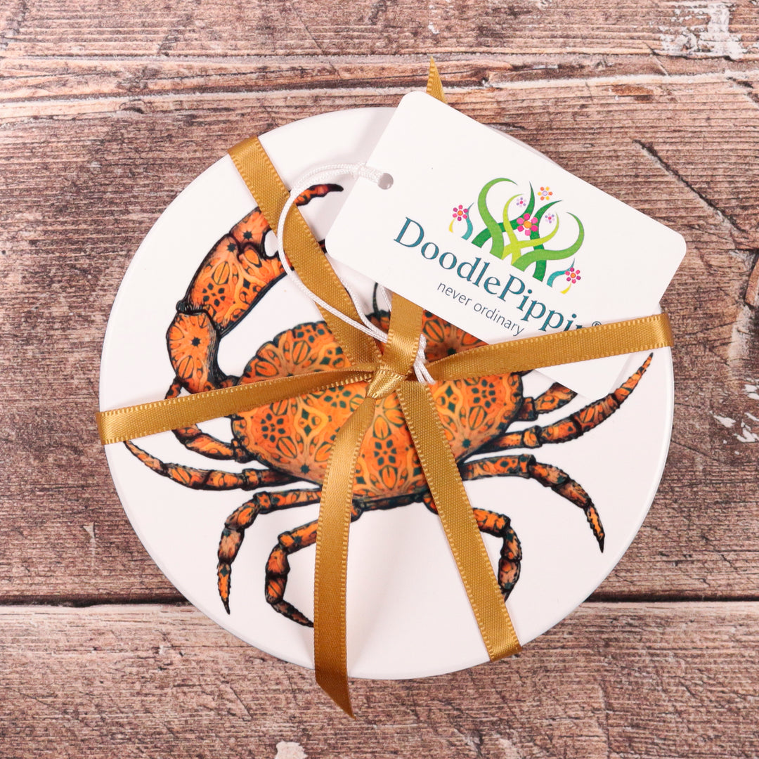 SALE : Set of 2x Crab on White Ceramic Coasters- Cork Backed