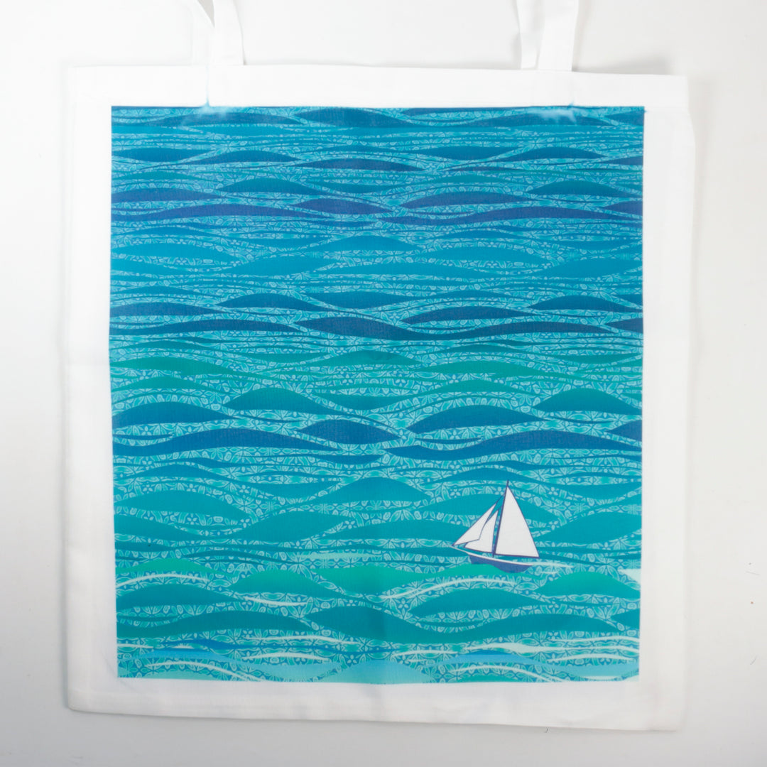 SALE SECOND: Caribbean Boat Blue Tote Bag - small white