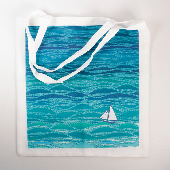 SALE SECOND: Caribbean Boat Blue Tote Bag - small white