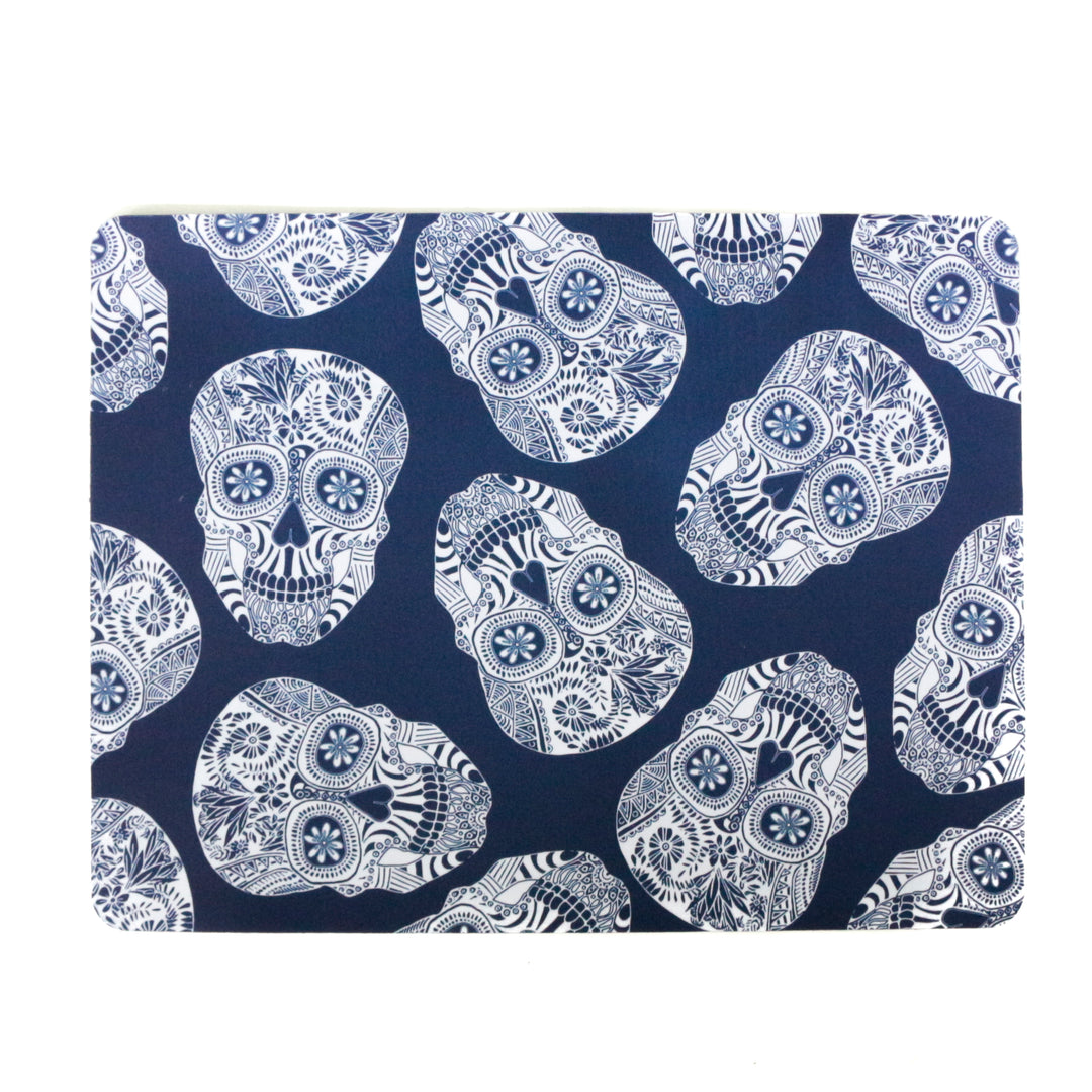 Blue White Illustrated Skulls Large Pet Food Mat