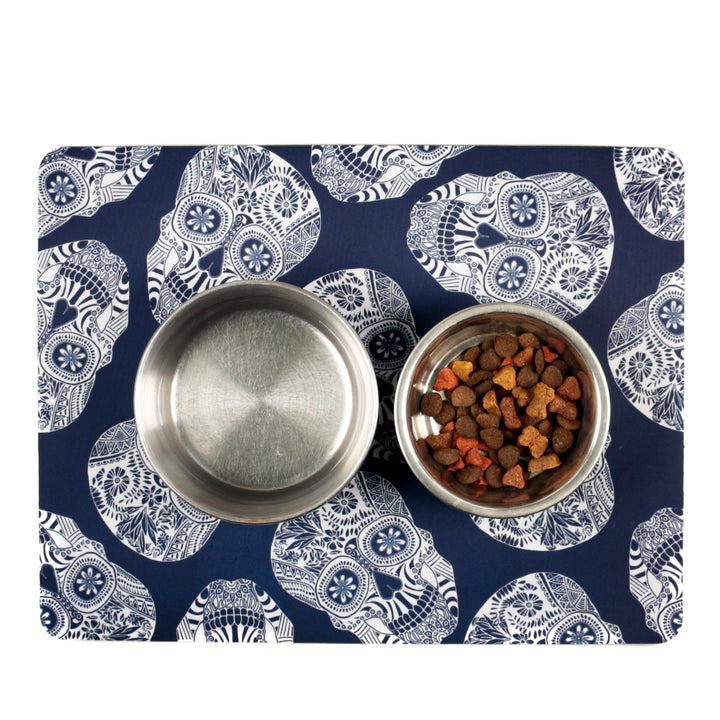 Blue White Illustrated Skulls Large Pet Food Mat