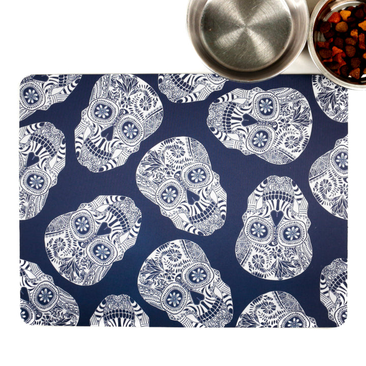 Blue White Illustrated Skulls Large Pet Food Mat