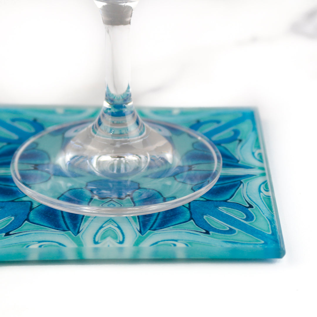 Turquoise Art Deco Glass Coaster Set