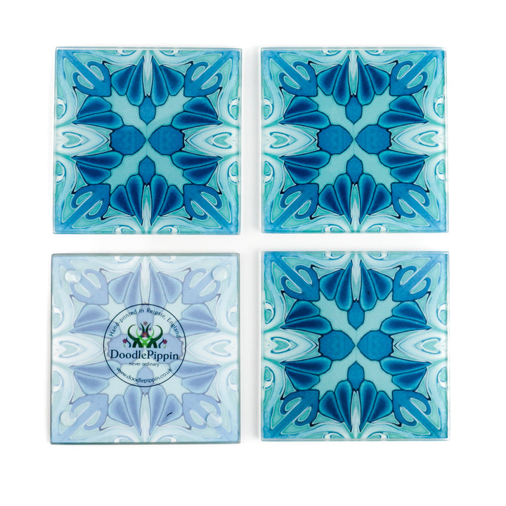 Turquoise Art Deco Glass Coaster Set
