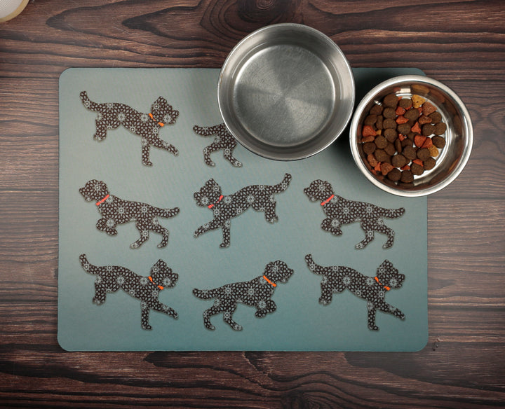 SALE Bounding Cockapoo Large Pet Food Mat - Dark Grey / Red