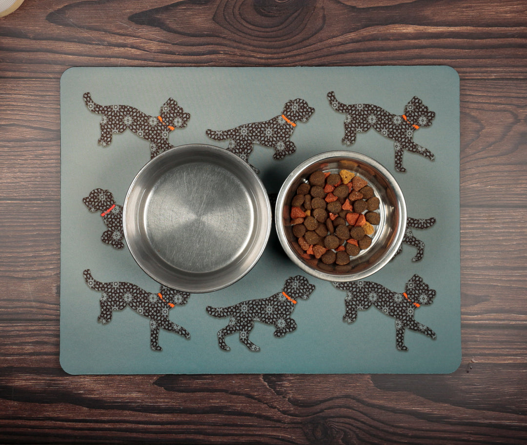 SALE Bounding Cockapoo Large Pet Food Mat - Dark Grey / Red