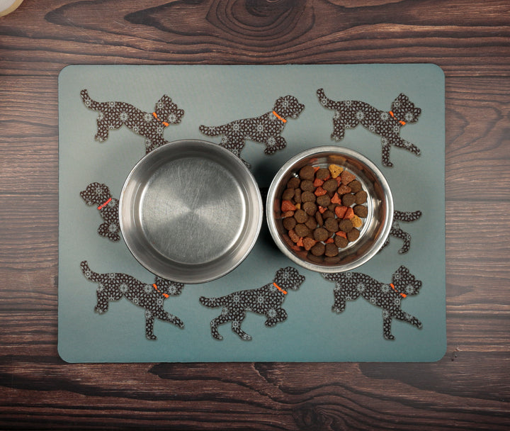 SALE Bounding Cockapoo Large Pet Food Mat - Dark Grey / Red