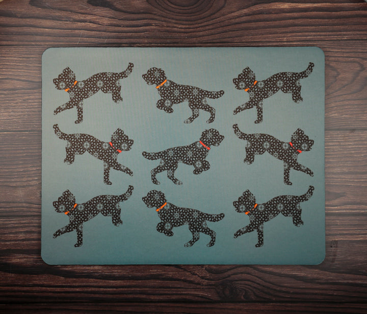 Bounding Cockapoo Pet Food Mat - Grey / Red / Orange