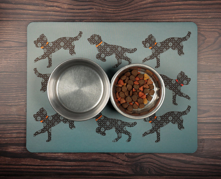 Bounding Cockapoo Pet Food Mat - Grey / Red / Orange