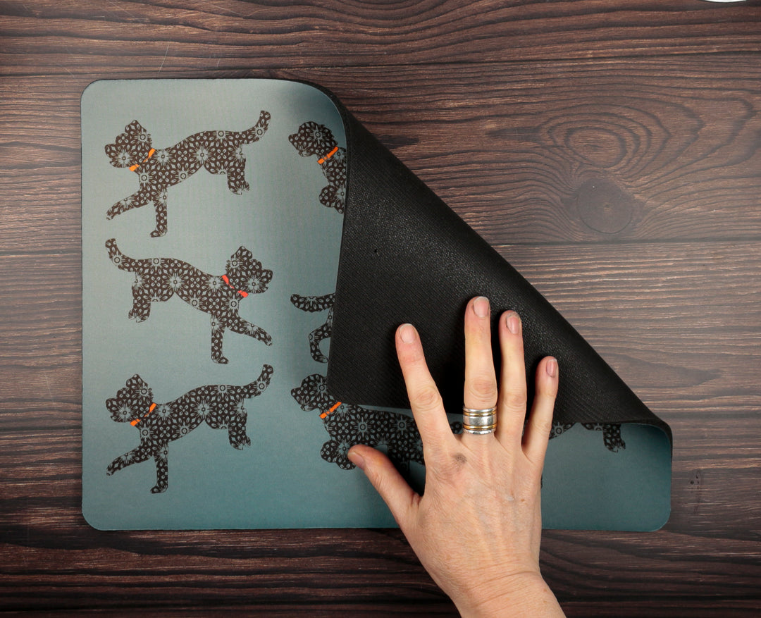 Bounding Cockapoo Pet Food Mat - Grey / Red / Orange