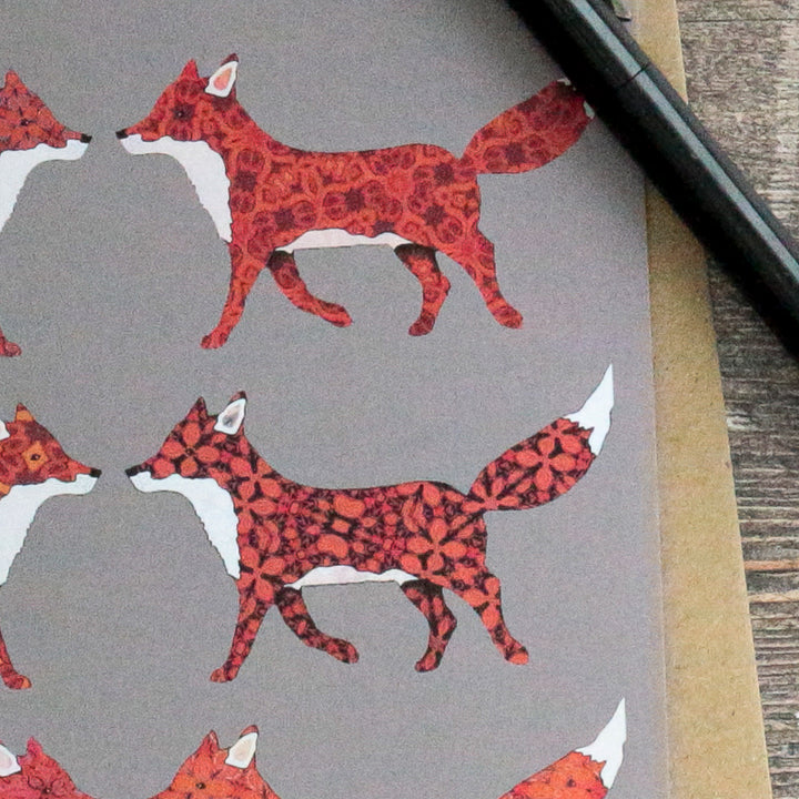 Six Red Foxes Card - Taupe/Grey