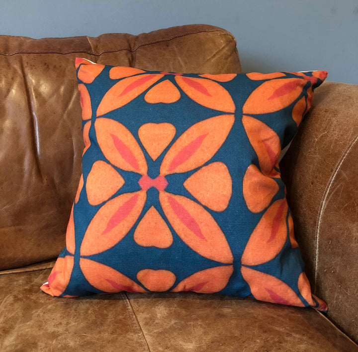 Orange Flower Linen Blend Cushion including pad