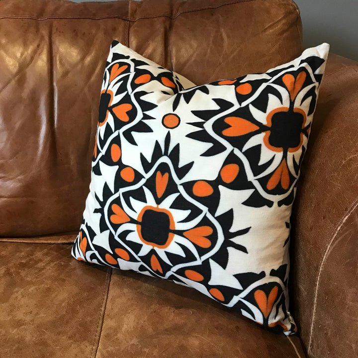 Aztec Orange Black Handmade Cotton-Linen Blend Cushion including pad