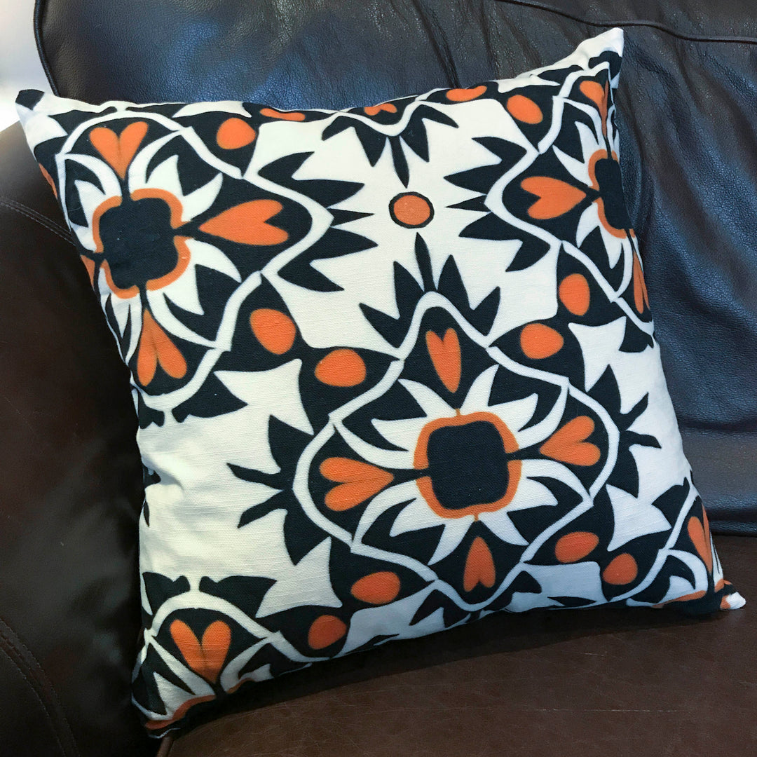 Aztec Orange Black Handmade Cotton-Linen Blend Cushion including pad