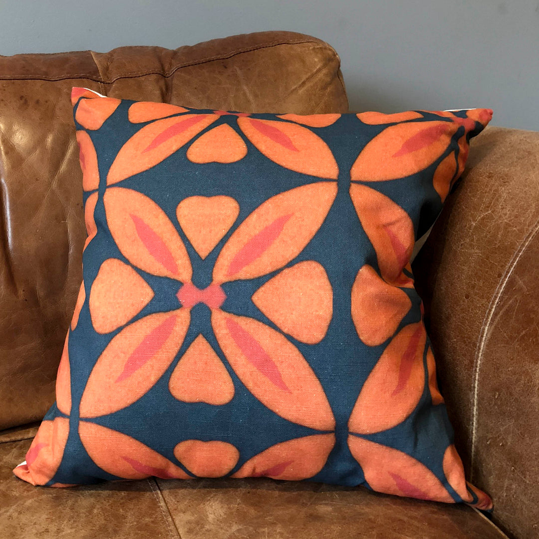 Orange Flower Linen Blend Cushion including pad