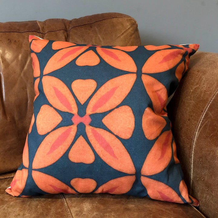Orange Flower Linen Blend Cushion including pad