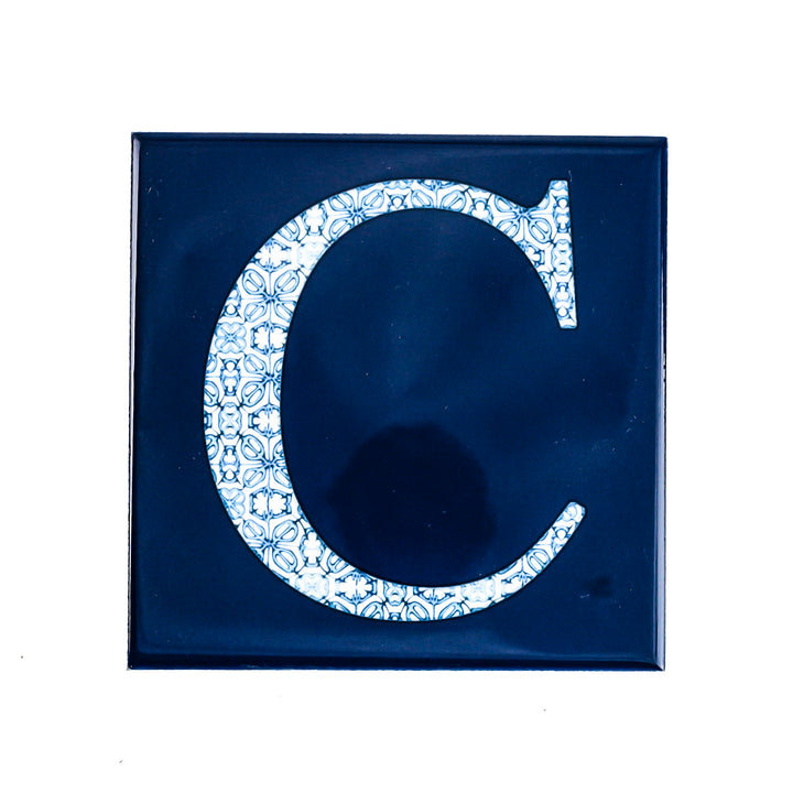 Fired Ink Ceramic Tile - Alphabet tile - Blue Turkish Flower