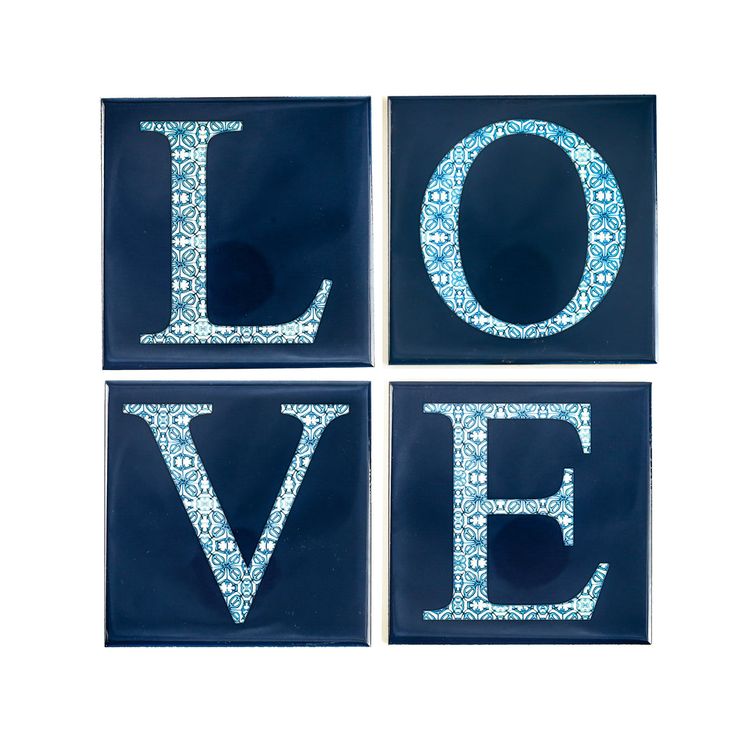 Fired Ink Ceramic Tile - Alphabet tile - Blue Turkish Flower