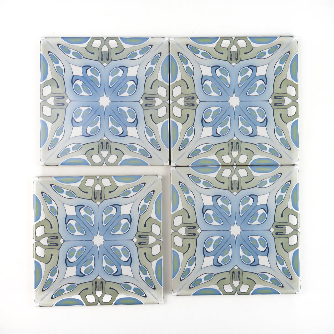 "Suzanne" muted green blue art deco tiles -  FIRED INK Version